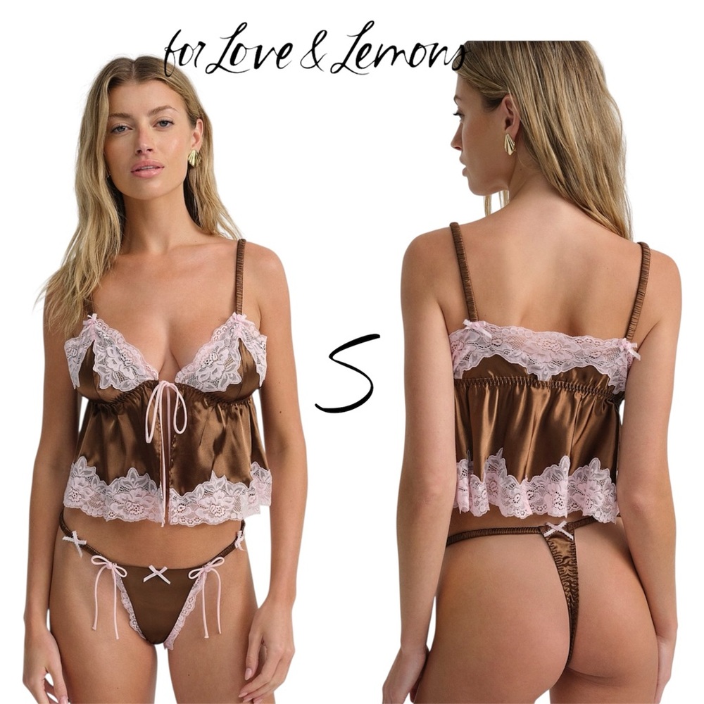 NWT For Love & Lemons Jaden Chocolate Brown Satin Sleep Top & Thong Set [S]